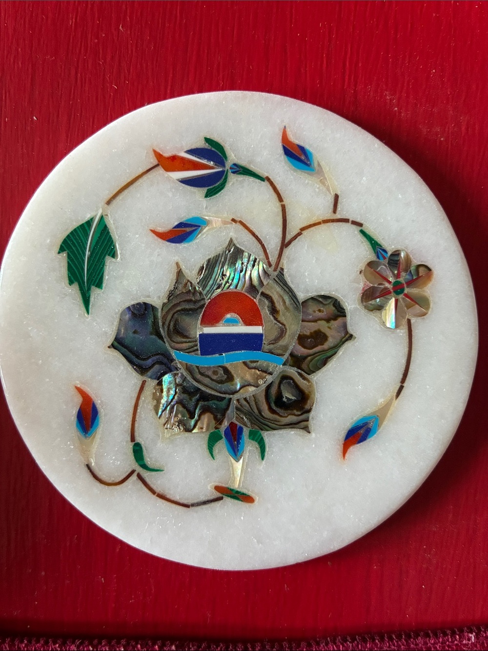 White Marble Coaster Set with inlaid with floral designs, vibrant colors